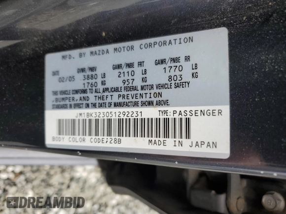 2005 Mazda 3 s with VIN JM1BK323051292231, listed as a Copart auction lot 47745385 with 224,594 mi miles and Salvage Title. Bid and sale history available at carsss.com. Image 13.