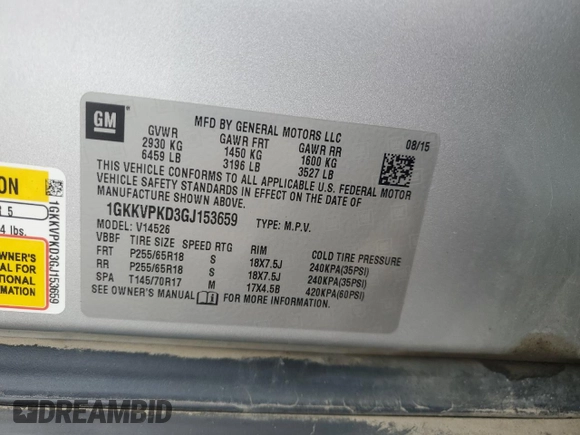2016 GMC Acadia SLE z VIN 1GKKVPKD3GJ153659, wystawiony jako Copart lot #57607225 z przebiegiem 178 129 mil mil oraz Szkoda całkowita • Salvage title. Historia ofert i sprzedaży dostępna na DreamBid. Obrazek 14.