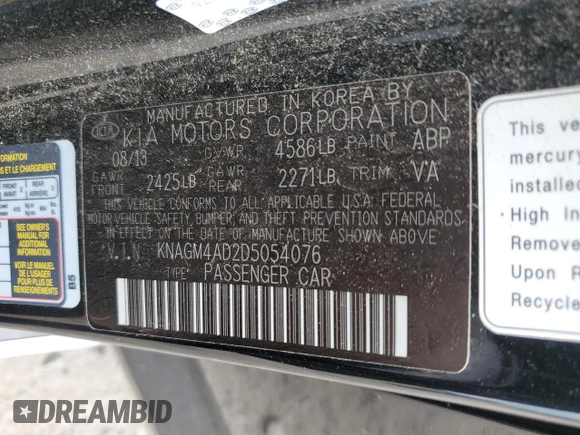 2013 Kia Optima EX with VIN KNAGM4AD2D5054076, listed as a Copart auction lot 59565815 with 111,887 mi miles and Salvage title. Bid and sale history available at DreamBid. Image 12.