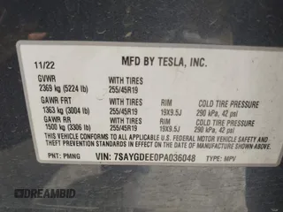 2023 Tesla Model Y Long Range with VIN 7SAYGDEE0PA036048, listed as a IAAI auction lot 41775845 with 41,291 mi miles. Bid and sale history available at carsss.com. Image 9.