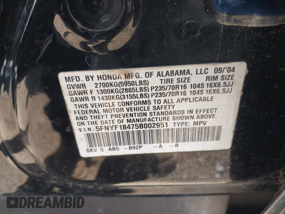2005 Honda Pilot EX with VIN 5FNYF18475B002951, listed as a IAAI auction lot 42049908 with Not Provided miles. Bid and sale history available at carsss.com. Image 9.