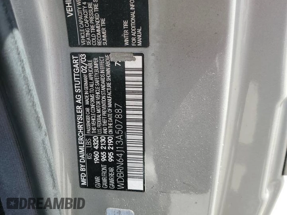 2003 Mercedes-Benz C z VIN WDBRN64J13A507887, wystawiony jako Copart lot #71978414 z przebiegiem Nie podano mil oraz Szkoda całkowita • Salvage title. Historia ofert i sprzedaży dostępna na DreamBid. Obrazek 12.