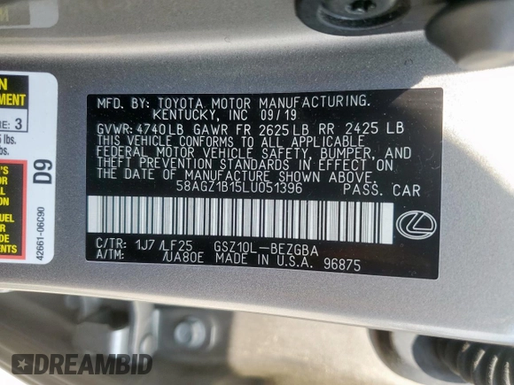 2020 Lexus ES 350 F Sport with VIN 58AGZ1B15LU051396, listed as a Copart auction lot 58450855 with 88,283 mi miles and Salvage title. Bid and sale history available at DreamBid. Image 12.