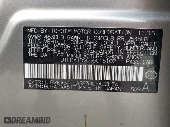 2016 Lexus IS 200t with VIN JTHBA1D20G5015102, listed as a IAAI auction lot 42440555 with 44,891 mi miles and . Bid and sale history available at DreamBid. Image 9.