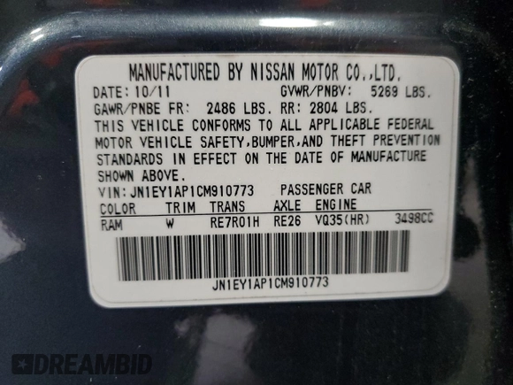2012 Infiniti M Hybrid with VIN JN1EY1AP1CM910773, listed as a Copart auction lot 56379845 with 168,626 mi miles and Clean title. Bid and sale history available at DreamBid. Image 12.