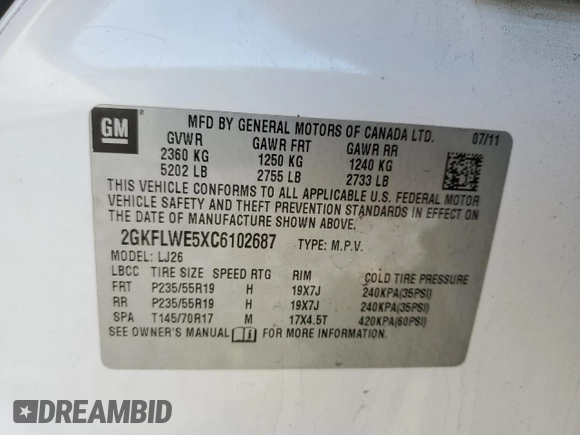 2012 GMC Terrain SLT-2 with VIN 2GKFLWE5XC6102687, listed as a Copart auction lot 88168225 with 108,438 mi miles and Salvage Title. Bid and sale history available at DreamBid. Image 16.