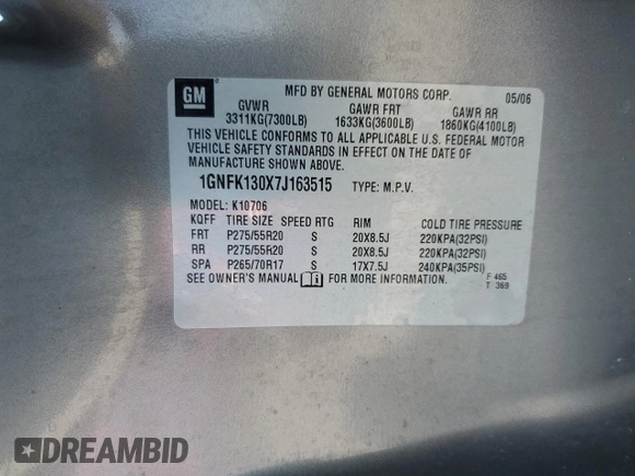 2007 Chevrolet Tahoe LT with VIN 1GNFK130X7J163515, listed as a Copart auction lot 61638245 with 246,785 mi miles and Salvage title. Bid and sale history available at DreamBid. Image 12.