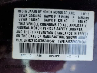 2013 Honda CR-Z z VIN JHMZF1D4XDS000542, wystawiony jako Copart lot #56967755 z przebiegiem 121 513 mil mil oraz Szkoda całkowita • Salvage title. Historia ofert i sprzedaży dostępna na DreamBid. Obrazek 12.