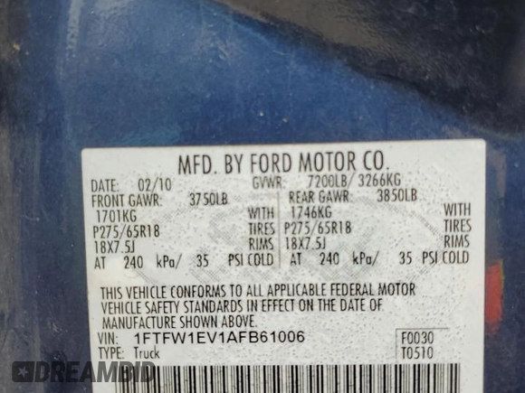 2010 Ford F-150 XL with VIN 1FTFW1EV1AFB61006, listed as a Copart auction lot 55947645 with 111,237 mi miles and Salvage title. Bid and sale history available at DreamBid. Image 12.
