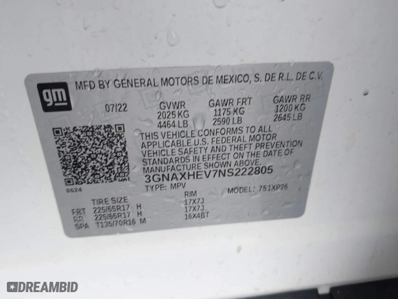 2022 Chevrolet Equinox LS with VIN 3GNAXHEV7NS222805, listed as a IAAI auction lot 41595840 with 37,430 mi miles. Bid and sale history available at carsss.com. Image 9.