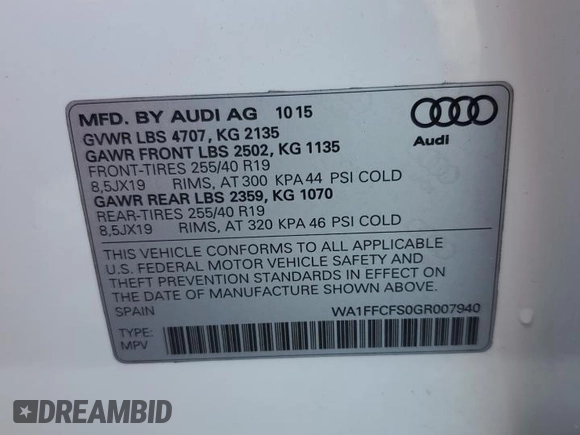 2016 Audi Q3 Prestige with VIN WA1FFCFS0GR007940, listed as a Copart auction lot 57384685 with 61,336 mi miles and Salvage title. Bid and sale history available at DreamBid. Image 13.