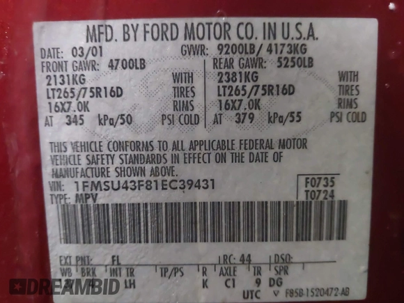 2001 Ford Excursion Limited с VIN 1FMSU43F81EC39431, выставлен на аукционе IAAI как лот 41298572 с пробегом 235 506 миль миль и . История ставок и продаж доступна на DreamBid. Изображение 9.