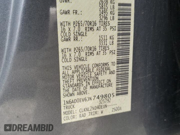 2018 Nissan Frontier Pro-4X with VIN 1N6AD0EV6JN749805, listed as a Copart auction lot 60438555 with Not provided miles and Salvage title. Bid and sale history available at DreamBid. Image 13.