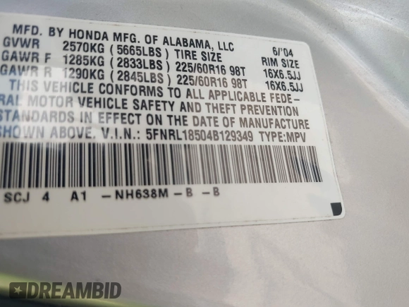 2004 Honda Odyssey LX with VIN 5FNRL18504B129349, listed as a IAAI auction lot 42393492 with 243,232 mi miles and . Bid and sale history available at DreamBid. Image 9.
