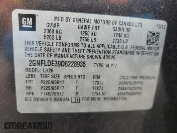 2013 Chevrolet Equinox LT with VIN 2GNFLDE39D6228935, listed as a Copart auction lot 54692495 with 153,686 mi miles and Salvage Title. Bid and sale history available at DreamBid. Image 12.