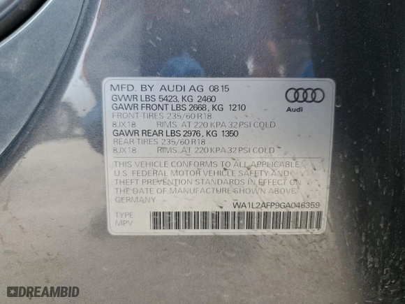2016 Audi Q5 Premium Plus with VIN WA1L2AFP9GA046359, listed as a Copart auction lot 47078345 with 102,915 mi miles and Salvage Title. Bid and sale history available at carsss.com. Image 16.