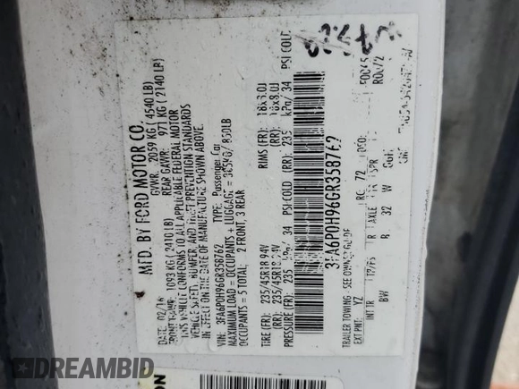 2016 Ford Fusion SE с VIN 3FA6P0H96GR358762, выставлен на аукционе Copart как лот 63258015 с пробегом 184 579 миль миль и Списание • Salvage title. История ставок и продаж доступна на DreamBid. Изображение 12.