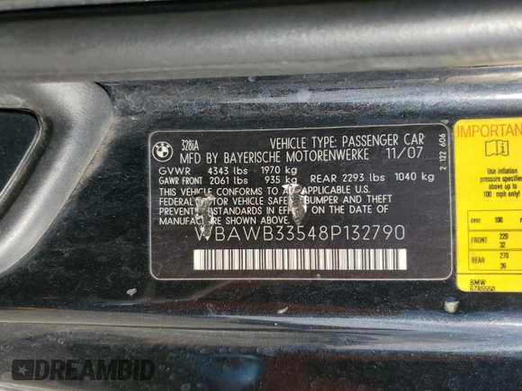 2008 BMW 3 Series 328i with VIN WBAWB33548P132790, listed as a Copart auction lot 47282525 with 296,569 mi miles and Salvage Title. Bid and sale history available at carsss.com. Image 12.