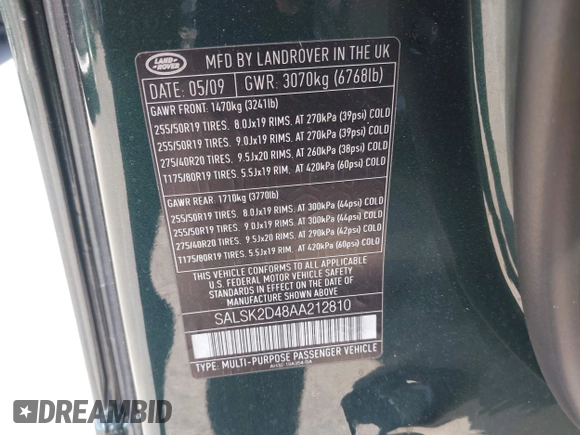 2010 Land Rover Range Rover Sport HSE Lux with VIN SALSK2D48AA212810, listed as a IAAI auction lot 41943041 with 111,896 mi miles and . Bid and sale history available at DreamBid. Image 9.