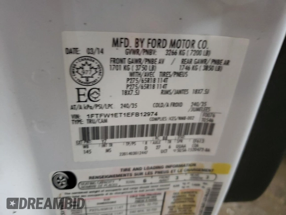 2014 Ford F-150 XL with VIN 1FTFW1ET1EFB12974, listed as a Copart auction lot 52802955 with 168,711 mi miles and Clean Title. Bid and sale history available at carsss.com. Image 12.