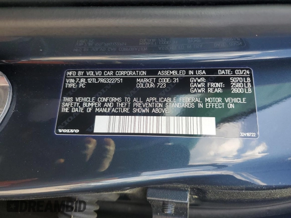2024 Volvo S60 Plus Dark Theme z VIN 7JRL12TL7RG322751, wystawiony jako Copart lot #52812985 z przebiegiem 7 862 mil mil oraz Szkoda całkowita • Salvage title. Historia ofert i sprzedaży dostępna na DreamBid. Obrazek 12.