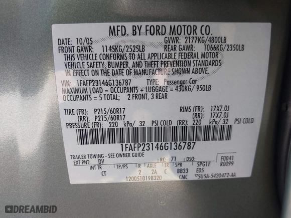 2006 Ford Five Hundred SE with VIN 1FAFP23146G136787, listed as a IAAI auction lot 41658975 with 251,479 mi miles. Bid and sale history available at carsss.com. Image 9.