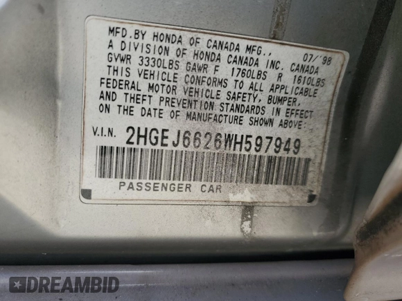 1998 Honda Civic DX with VIN 2HGEJ6626WH597949, listed as a Copart auction lot 71172154 with 158,081 mi miles and Salvage Title. Bid and sale history available at carsss.com. Image 14.