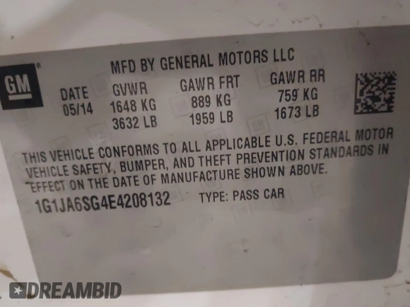 2014 Chevrolet Sonic LS with VIN 1G1JA6SG4E4208132, listed as a IAAI auction lot 38646142 with 154,013 mi miles and . Bid and sale history available at DreamBid. Image 9.