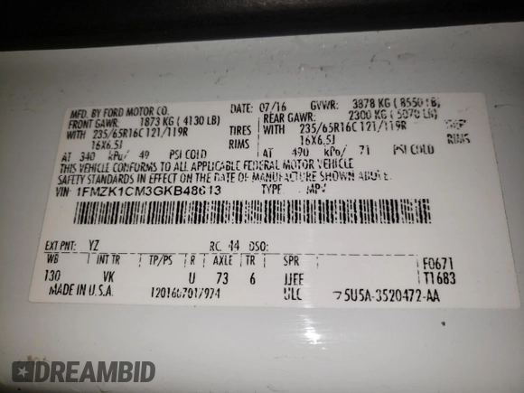 2016 Ford Transit XL с VIN 1FMZK1CM3GKB48613, выставлен на аукционе Copart как лот 47028595 с пробегом 205 794 миль миль и Чистый • Clean title. История ставок и продаж доступна на DreamBid. Изображение 14.