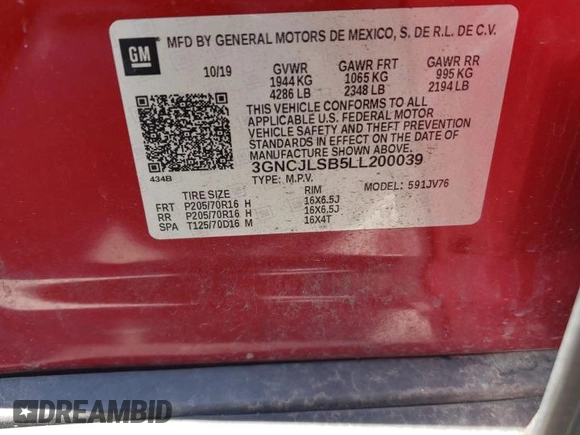 2020 Chevrolet Trax LT z VIN 3GNCJLSB5LL200039, wystawiony jako Copart lot #53728835 z przebiegiem Nie podano mil oraz Szkody całkowita. Historia ofert i sprzedaży dostępna na DreamBid. Obrazek 13.