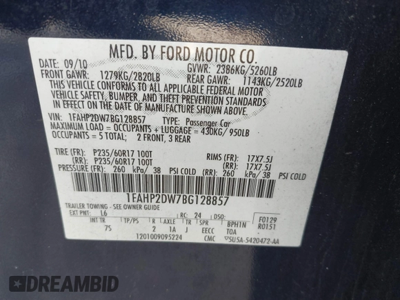 2011 Ford Taurus SE with VIN 1FAHP2DW7BG128857, listed as a IAAI auction lot 41705643 with 163,589 mi miles. Bid and sale history available at carsss.com. Image 9.