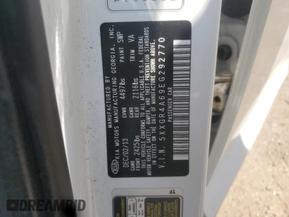 2014 Kia Optima SX Turbo with VIN 5XXGR4A69EG292770, listed as a Copart auction lot 60703465 with 148,171 mi miles and Salvage title. Bid and sale history available at DreamBid. Image 12.