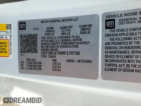 2024 GMC Sierra 1500 with VIN 1GT38LEY8RF170736, listed as a Copart auction lot 55106695 with 22,393 mi miles and Salvage Title. Bid and sale history available at DreamBid. Image 13.