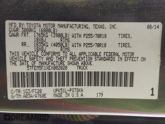 2014 Toyota Tundra SR5 z VIN 5TFEM5F1XEX082020, wystawiony jako IAAI lot #41914391 z przebiegiem 75 787 mil mil oraz . Historia ofert i sprzedaży dostępna na DreamBid. Obrazek 9.