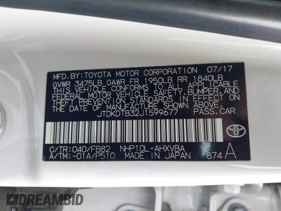 2018 Toyota Prius One with VIN JTDKDTB32J1599677, listed as a IAAI auction lot 42041923 with 83,384 mi miles and . Bid and sale history available at DreamBid. Image 9.