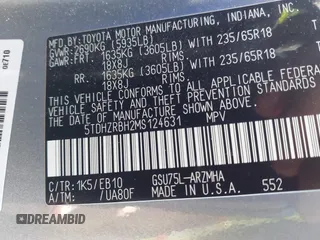 2021 Toyota Highlander XLE with VIN 5TDHZRBH2MS124631, listed as a IAAI auction lot 42660410 with 84,306 mi miles and . Bid and sale history available at DreamBid. Image 9.