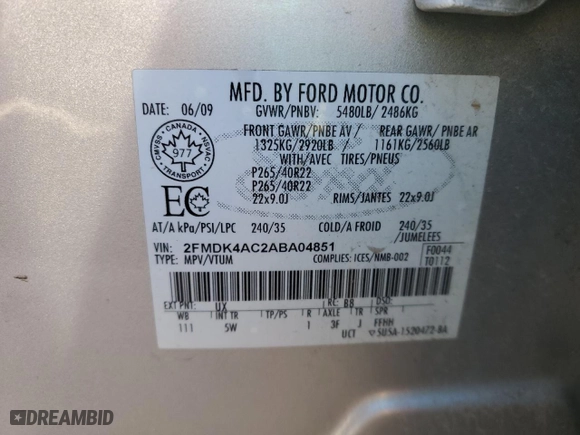2010 Ford Edge Sport with VIN 2FMDK4AC2ABA04851, listed as a Copart auction lot 73721804 with 187,446 mi miles and Non Repairable. Bid and sale history available at carsss.com. Image 12.