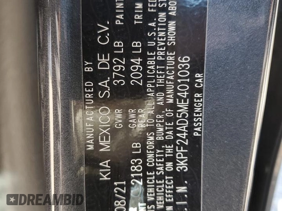 2021 Kia Forte FE with VIN 3KPF24AD5ME401036, listed as a Copart auction lot 54816375 with 124,769 mi miles and Clean Title. Bid and sale history available at DreamBid. Image 12.