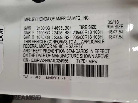 2018 Honda CR-V Touring with VIN 5J6RW2H97JL024956, listed as a Copart auction lot 61168825 with Not provided miles and Salvage title. Bid and sale history available at DreamBid. Image 13.