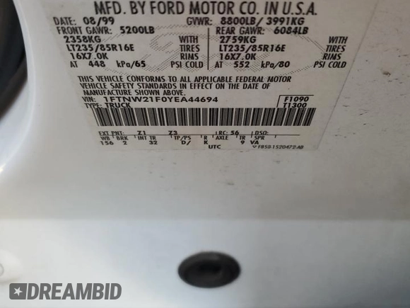 2000 Ford F-250 XL z VIN 1FTNW21F0YEA44694, wystawiony jako Copart lot #80675584 z przebiegiem 219 270 mil mil oraz Szkoda całkowita • Salvage title. Historia ofert i sprzedaży dostępna na DreamBid. Obrazek 12.