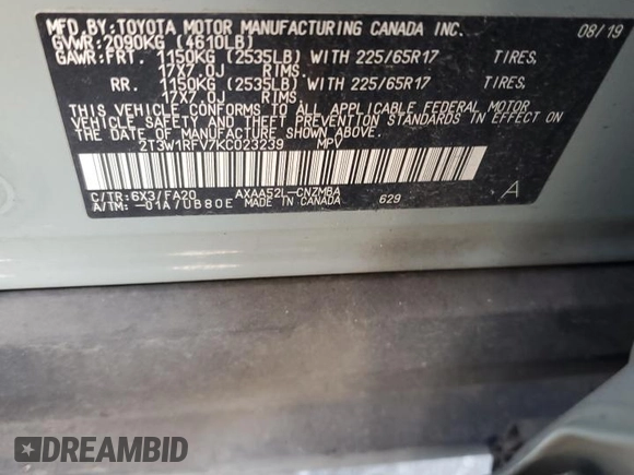 2019 Toyota RAV4 XLE with VIN 2T3W1RFV7KC023239, listed as a Copart auction lot 52410125 with 78,391 mi miles and Salvage Title. Bid and sale history available at carsss.com. Image 13.