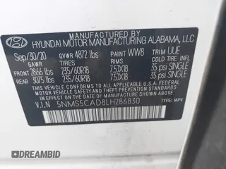 2020 Hyundai Santa Fe Limited with VIN 5NMS5CAD8LH286830, listed as a IAAI auction lot 41586628 with 80,381 mi miles and . Bid and sale history available at DreamBid. Image 9.