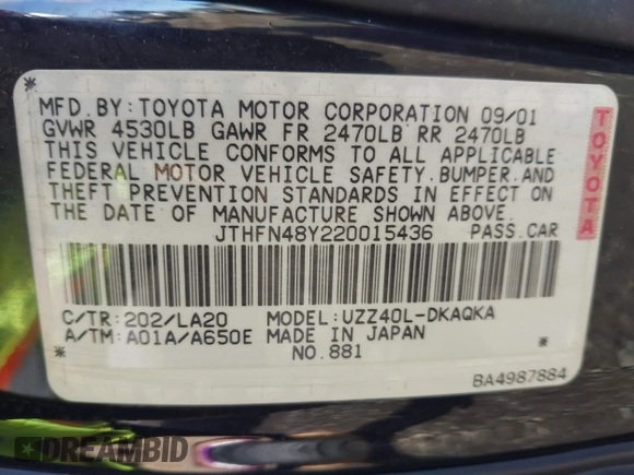 2002 Lexus SC with VIN JTHFN48Y220015436, listed as a IAAI auction lot 42142448 with Not Provided miles. Bid and sale history available at carsss.com. Image 9.