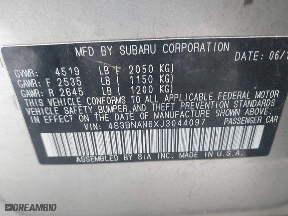 2018 Subaru Legacy Limited with VIN 4S3BNAN6XJ3044097, listed as a IAAI auction lot 41307369 with 110,593 mi miles. Bid and sale history available at carsss.com. Image 9.