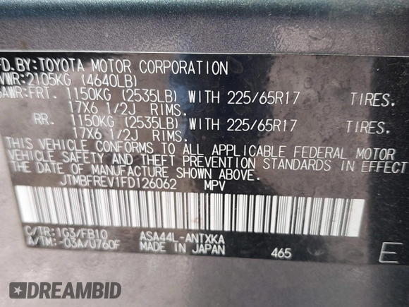 2015 Toyota RAV4 LE with VIN JTMBFREV1FD126062, listed as a IAAI auction lot 42095265 with 274,224 mi miles. Bid and sale history available at carsss.com. Image 9.
