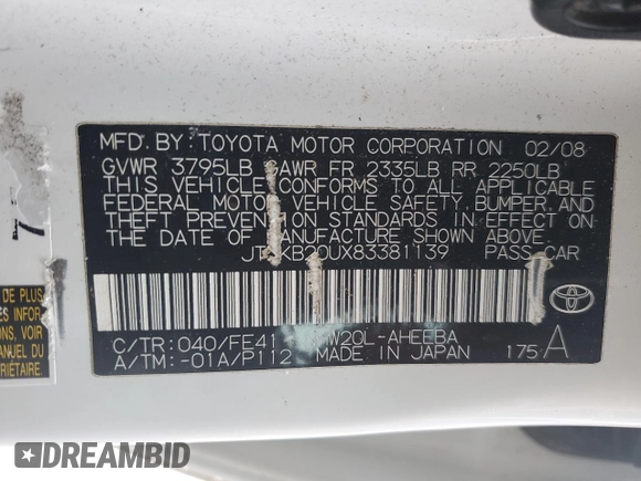 2008 Toyota Prius z VIN JTDKB20UX83381139, wystawiony jako Copart lot #88541695 z przebiegiem 254 090 mil mil oraz Szkoda całkowita • Salvage title. Historia ofert i sprzedaży dostępna na DreamBid. Obrazek 12.