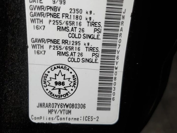 2000 Infiniti QX4 z VIN JNRAR07Y6YW080306, wystawiony jako Copart lot #85022064 z przebiegiem 278 383 mil mil oraz Tytuł czysty. Historia ofert i sprzedaży dostępna na DreamBid. Obrazek 13.