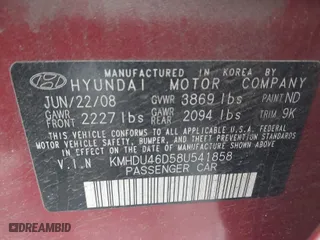 2008 Hyundai Elantra GLS with VIN KMHDU46D58U541858, listed as a IAAI auction lot 41613915 with 192,596 mi miles. Bid and sale history available at carsss.com. Image 9.