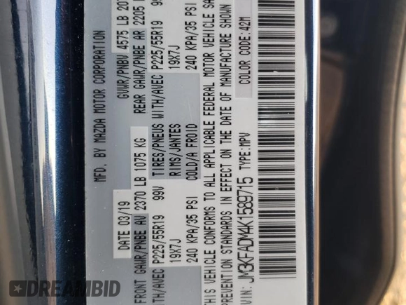 2019 Mazda CX-5 Grand Touring with VIN JM3KFADM4K1589715, listed as a Copart auction lot 50506515 with 20,740 mi miles and Salvage Title. Bid and sale history available at carsss.com. Image 14.