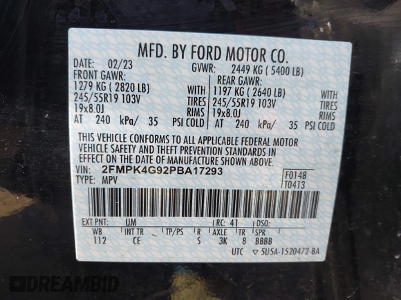 2023 Ford Edge SE с VIN 2FMPK4G92PBA17293, выставлен на аукционе IAAI как лот 42102653 с пробегом 32 617 миль миль и . История ставок и продаж доступна на DreamBid. Изображение 9.